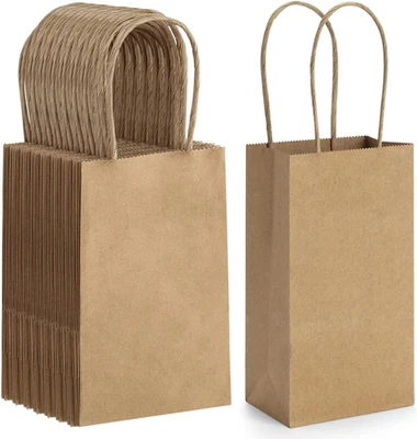 50 Pack 3.5x2.4x6.7 Inches Small Kraft Paper Gift Bags with Handles Bulk Mini Pa