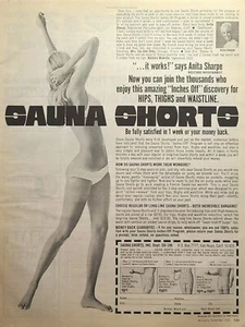 Pantalones Cortos Sauna Van Nuys CA Pulgadas Fuera de Caderas Muslos Cintura Vintage Estampado Anuncio 1970 - Imagen 1 de 4