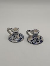 Blue Delft Chamber Stick Candle Holders Blue and White Hand Painted Pair Vintage
