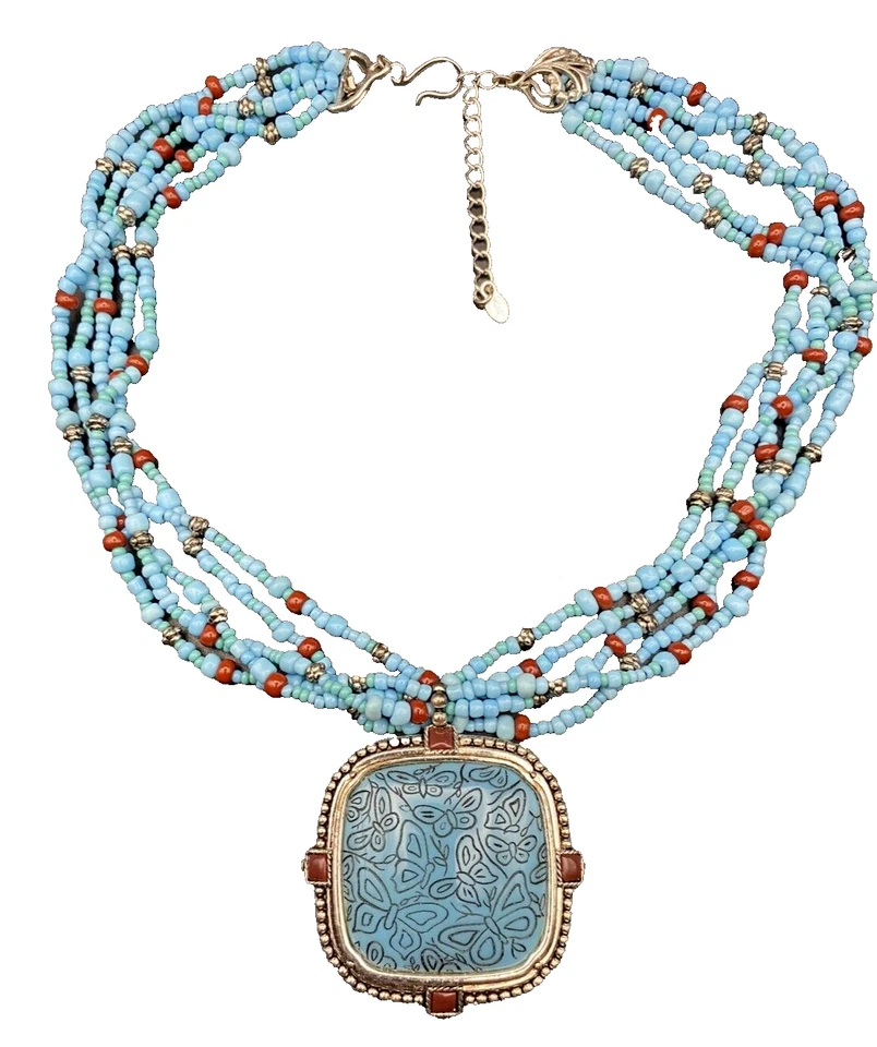 Ожерелье Моне бирюзового цвета с несколькими нитями бабочка серебристый тон подвеска 16+2 дюйма - Изображение 1 из 4