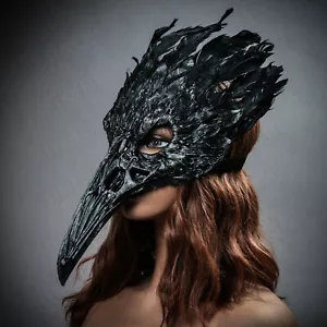 Black Raven Skull Long Nose w/ Feather Wedding Masquerade Prom Party Face Mask - Picture 1 of 7