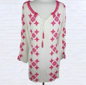 JohnPaulRichard White Embroidered Tunic Boho Chic Pink Blouse - Picture 1 of 8