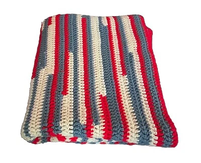 "Manta afgana roja, blanca y azul/tiro 56x35"" vintage hecha a mano tejida a ganchillo" Foto 1 de 4