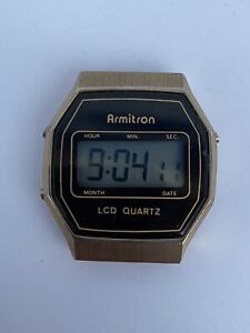 Armitron Rare Wrist Watch LCD Quartz Day Month Vintage Gold Tone Light