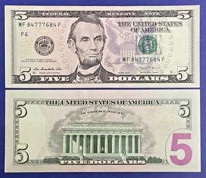 Billete de 5 dólares de Estados Unidos 2013 sin circular - Imagen 1 de 1