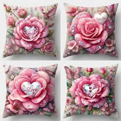 Romantic Pink Rose Love Heart Pattern Home Decorative Pillowcase Cushion Cover - Image 1 of 4