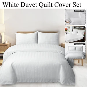 Funda nórdica y funda de almohada 100 % algodón egipcio blanco satinado a rayas ropa de cama - Imagen 1 de 14