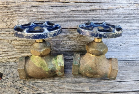 Pair of Vintage Brass Bronze Shut Off Valves Blue Metal Oval Handles Steampunk Cover