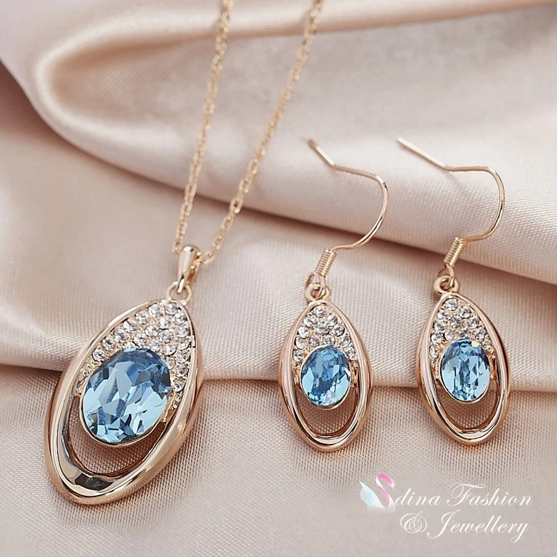 18K Rose Gold Filled Made With Swarovski Element Oval Aquamarine Teardrop Set - Image 1 of 4