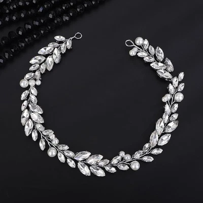 Silver Crystal Wedding Hair Vine with Pearl Bridal Rhinestone Headband - Image 1 of 4