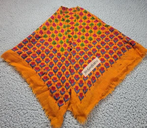 YVES SAINT LAURENT Square Wool Scarf 31" France Orange FLORAL Fringe Vtg FLAWS - Picture 1 of 8