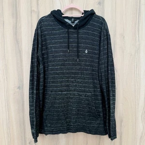 Volcom Mens Hoodie Size L Black Gray Stripe Knit Pullover Surf Skate Streetwear - Picture 1 of 7