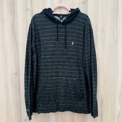 Volcom Mens Hoodie Size L Black Gray Stripe Knit Pullover Surf Skate Streetwear - Image 1 of 4