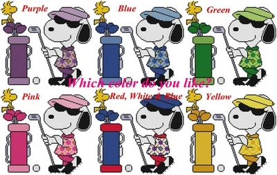 CROSS STITCH+ CRAFT PATTERN Snoopy Beagle Dog Golf Outfit Clubs Woodstock Caddy - Image 1 of 4