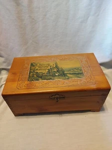 Vintage Wooden Cedar Dresser Box w/ Cottage Scene and Mirror Inside, Dovetailed - Picture 1 of 9