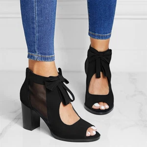 Fashion Mesh Hollowed-out Bow Black Zipper Block Heel Boots Sandals for Women - Picture 1 of 13