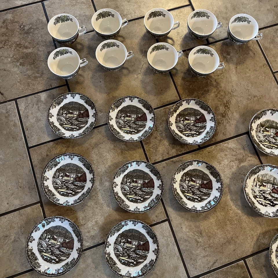 VINTAGE SET OF 9 Johnson  BROS FRIENDLY VILLAGE TEA CUPS & SAUCERS THE ICE HOUSE - Image 1 of 4