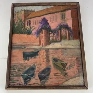 Antique Hildegarde Hamilton Oil Painting On Canvas Framed Boat Water Puerto Rico - Picture 1 of 15