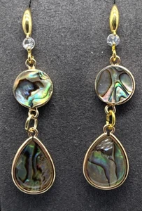 Earrings Gold Tone Blue/Green Abalone Shell Design. Drop = 2" - Bild 1 von 8