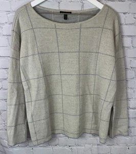EILEEN FISHER Womens’ Beige Gray Windowpane 92% Merino Wool Sweater Size Large - Picture 1 of 7