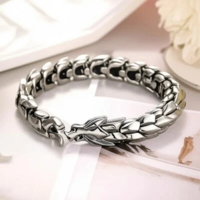 Men’s Vintage Ouroboros Chain Bracelet Viking Style Stainless Steel Snake Cuff - Image 1 of 4
