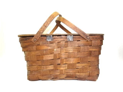 Antique Old Used Wood Wooden Woven Decorative Picnic Basket with Lid and Handles Cover