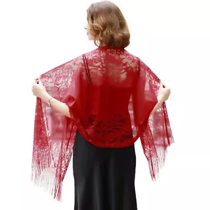 Women's Floral Lace Mesh Party Prom Wedding Shawl Scarf with Fringe - Picture 1 of 6