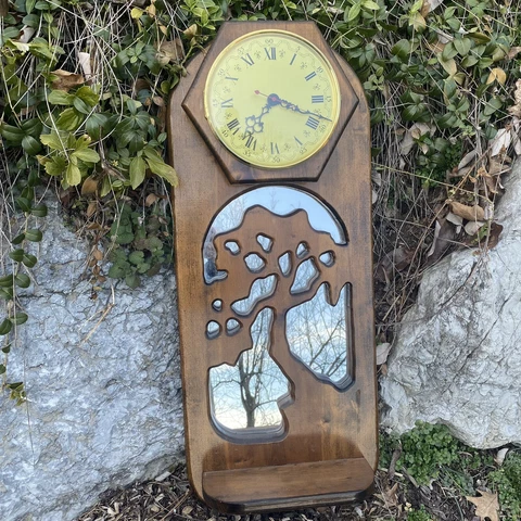 Vintage Large Carved Tree Mirror Shelf Wall Clock Handmade USA Rare Cover