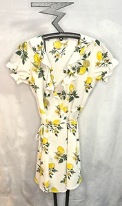 Eva Rose M Lemon Tomatogirl Yellow White Print Ruffle Neckline Wrap Tie Dress - Picture 1 of 6