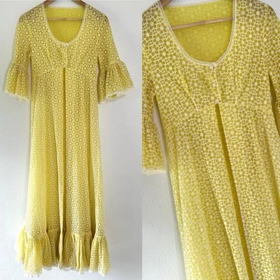 复古 Virginia Wallace 黄色和奶油色花边 Peignoir 长袍正装礼服雏菊 — 第 1/4 张图片