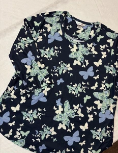Christopher & Banks Top Size XL Navy/White/Mint Butterfly Print Stretch - Picture 1 of 6