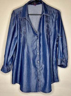Blusa Top Camisa Denim Gloria Vanderbilt Para Mujer GRANDE Manga 3/4 Azul Abotonada Foto 1 de 4