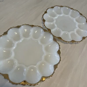Vintage Anchor Hocking White Milk Glass Egg Dish Platter Tray Gold Rim X2 - Picture 1 of 3