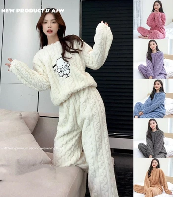 Damen Winter Kuschelig Flauschig Warm Weich Pyjama Schlafanzug Set Nachtwäsche - Bild 1 von 4