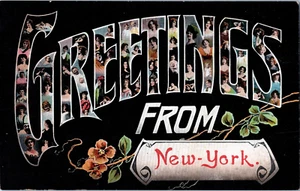 Vintage Greetings Postcard New York Beautiful Women Black Background Antique - Picture 1 of 2