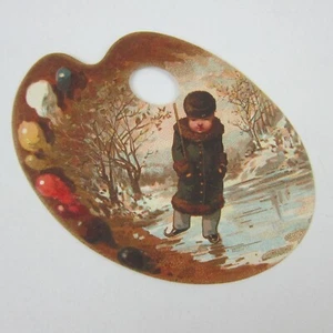 Victorian Trade Card Artist Palette Die Cut Boy Ice Skating Coat Trees Antique - Picture 1 of 12