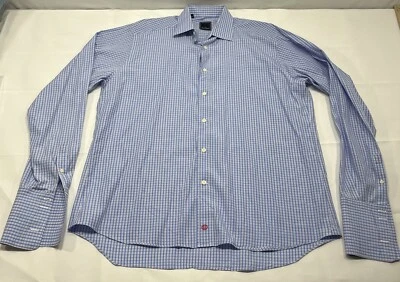 Camisa de vestir David Donahue para hombre 17 36/37 azul a cuadros botón puño francés - defecto Foto 1 de 4