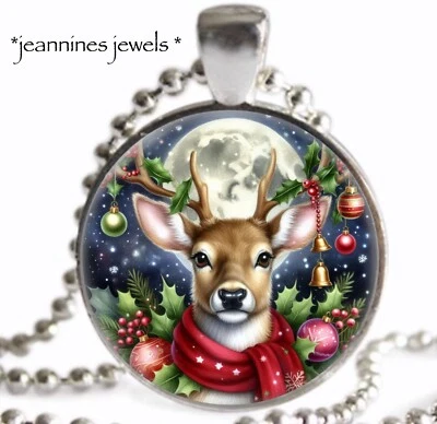 Collar de Reno Luna Llena Regalo de Navidad Dije de Plata Colgante Foto 1 de 4