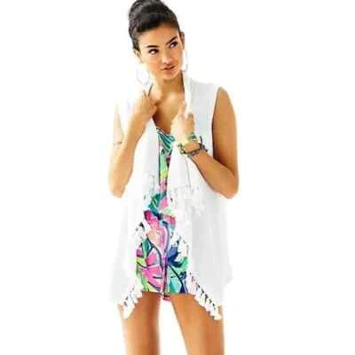 Lilly Pulitzer Womens White Abbott Sleeveless Sweater Vest Fringe Size XS Cotton - Image 1 of 4