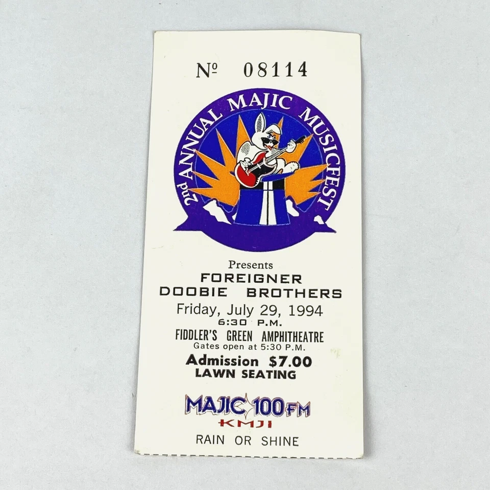 Boleto de concierto extranjero de Doobie Brothers 29 de julio de 1994 verde violinista CO Foto 1 de 4