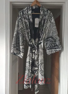 Zara SS22 Silky Paisley Printed Kimono Robe Jacket With Belt S M L Black White - Picture 1 of 9