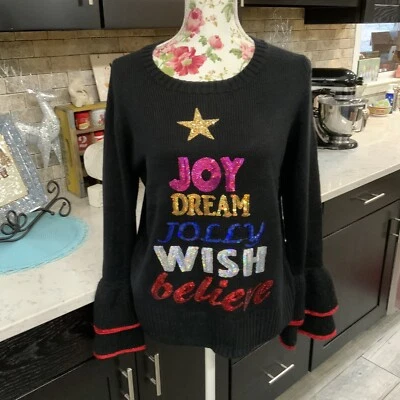 Holiday Time Christmas Sweater Joy Wish Believe Sequins Tiered Bell Sleeve Sz M - Image 1 of 4