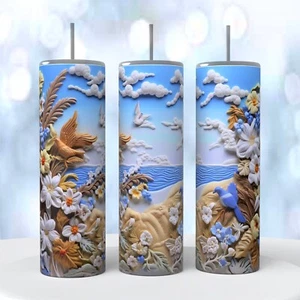 3D look Beautiful Ocean Scene Birds on a 20 ounce Tumbler insulated coffee cup - Picture 1 of 1
