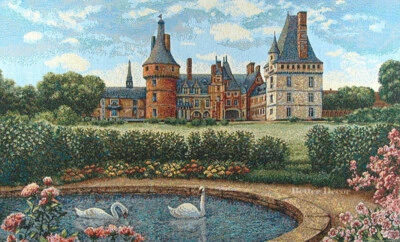 34" WALL JACQ. WOVEN TAPESTRY French Castle & Swan Pond MEDIEVAL DECOR PICTURE - Image 1 of 2