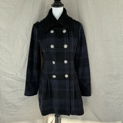 Guess Women's Blue/Black Plaid Double Breasted Wool Pea Coat Size M - Image 1 of 4