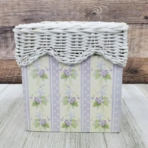 Wicker Rattan Top Wood Tissue Box Cover Holder Cube Square White Lavender Lilacs - Picture 1 of 8