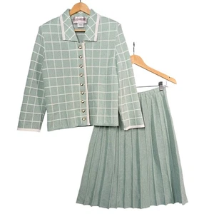 Vintage 70s Castleberry Pastel Mint Knit Jacket and Pleated Skirt Set Preppy - Picture 1 of 8