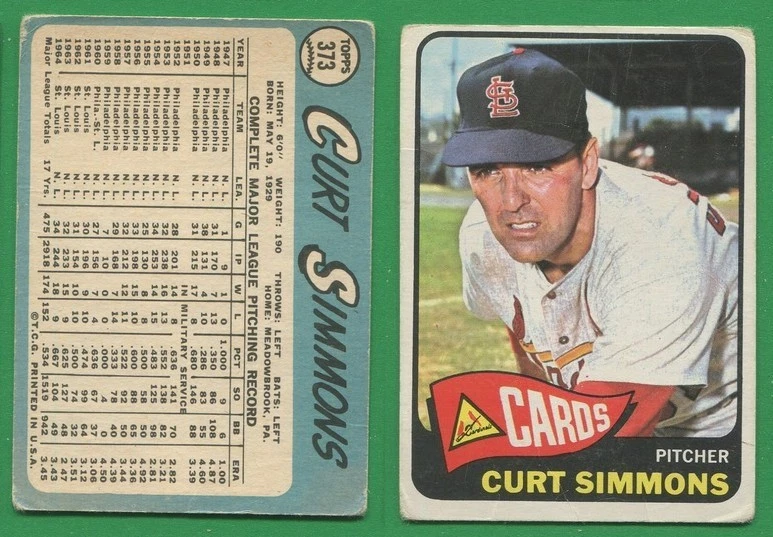 Béisbol Topps 1965 ~~~ Curt Simmons ~~~ No. 373 ~~~ Envío y devolución gratuitos Foto 1 de 1