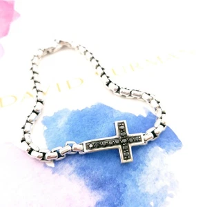 David Yurman Sterlingsilber schwarze Diamanten Kreuz 8" Zoll Box Kette Armband - Bild 1 von 9