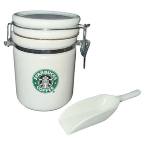 Starbucks Coffee Ceramic Canister 2007 W/ Scoop White Airtight Locking Lid 5 In - Picture 1 of 9